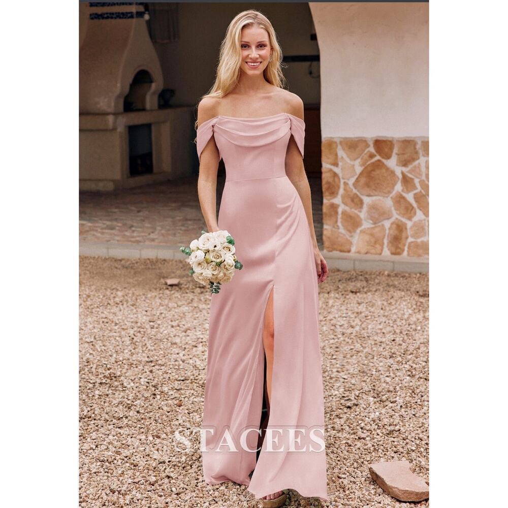 Stacees Off-the-Shoulder Sleeveless Floor-Length Stretch Satin Bridesmaid Dress